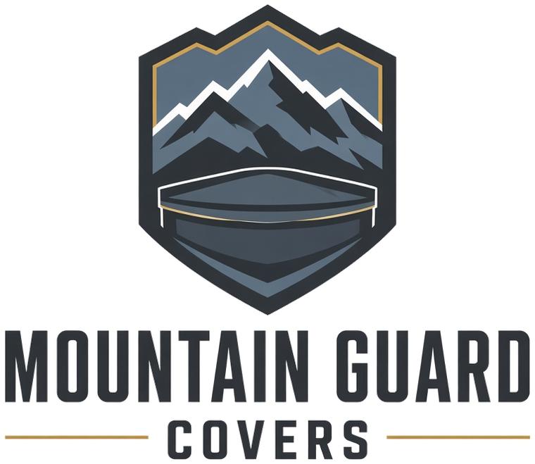 Mountain Guard Covers logo: a mountain shield over a hot tub cover